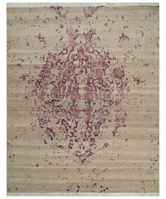 Hand - Knotted Wool Area Rug Camel and Purple Abstract Design 8x10 - MyTuftedRugs.com