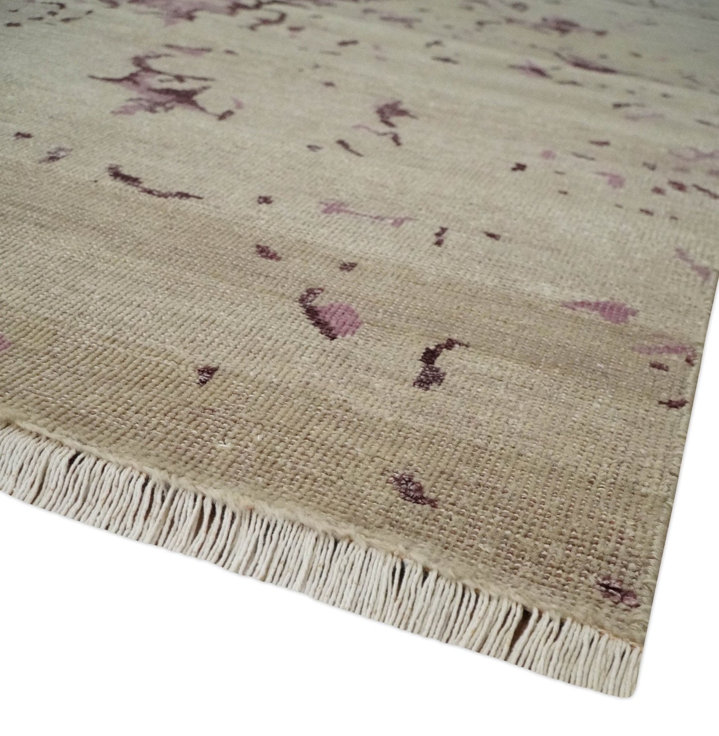 Hand - Knotted Wool Area Rug Camel and Purple Abstract Design 8x10 - MyTuftedRugs.com