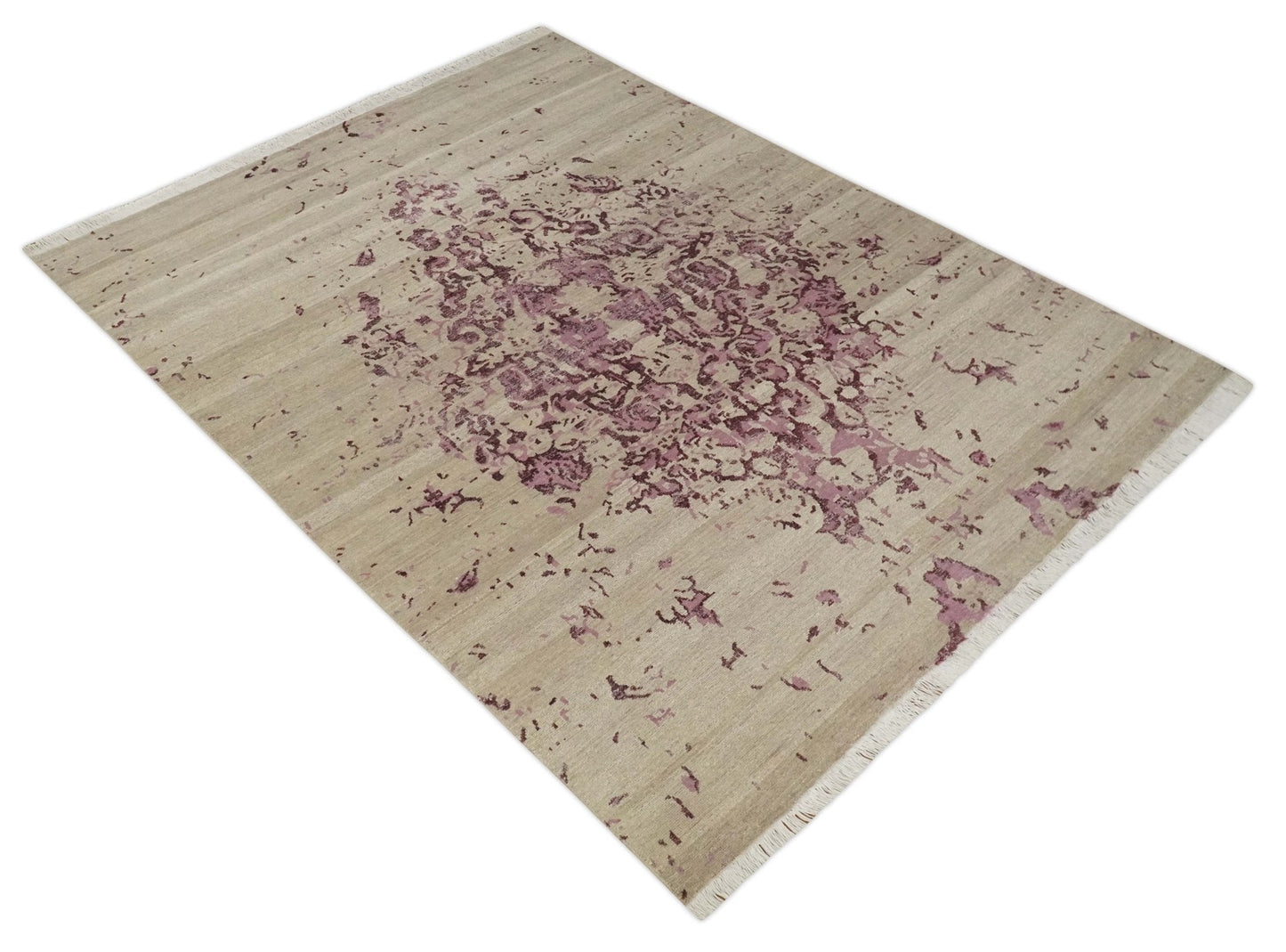 Hand - Knotted Wool Area Rug Camel and Purple Abstract Design 8x10 - MyTuftedRugs.com