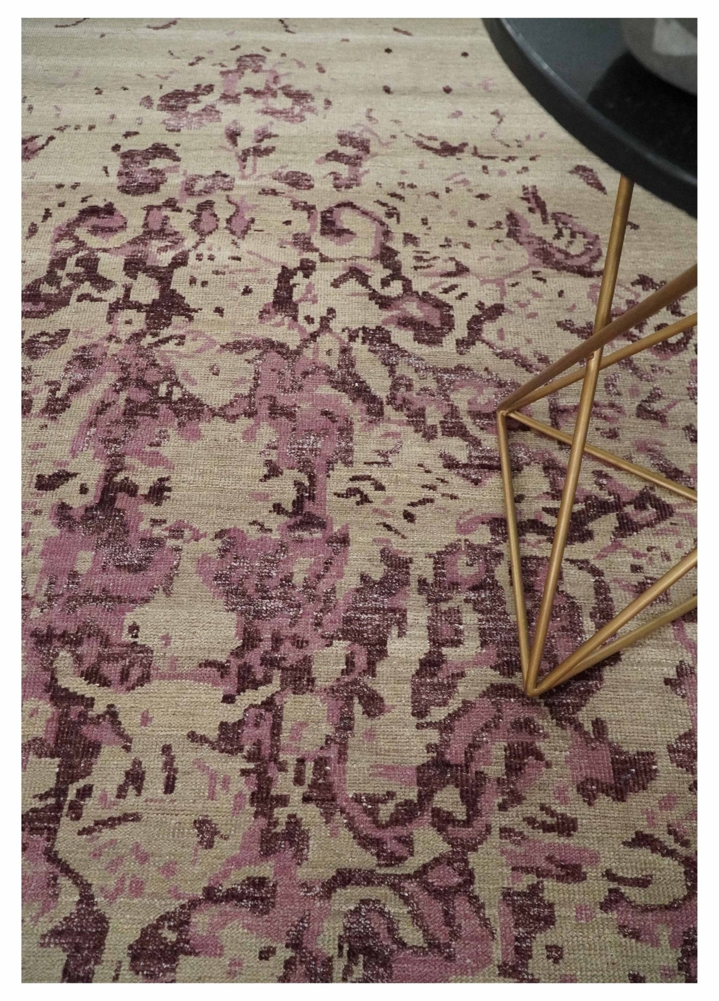 Hand - Knotted Wool Area Rug Camel and Purple Abstract Design 8x10 - MyTuftedRugs.com