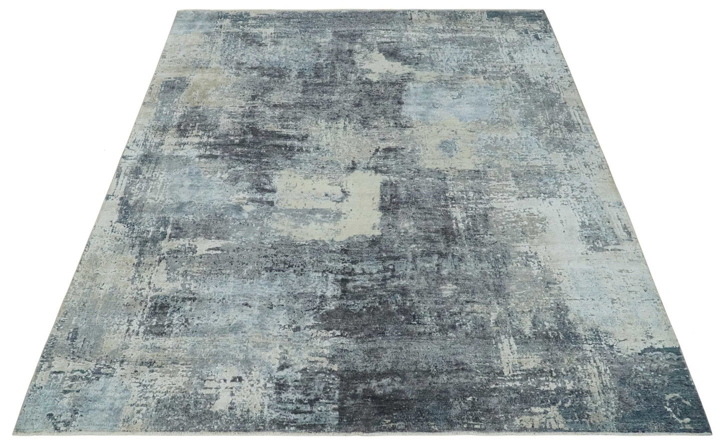 Hand - Knotted Wool & Bamboo Silk Rug 7'10" x 9'8" – Charcoal, Beige & Gray - MyTuftedRugs.com