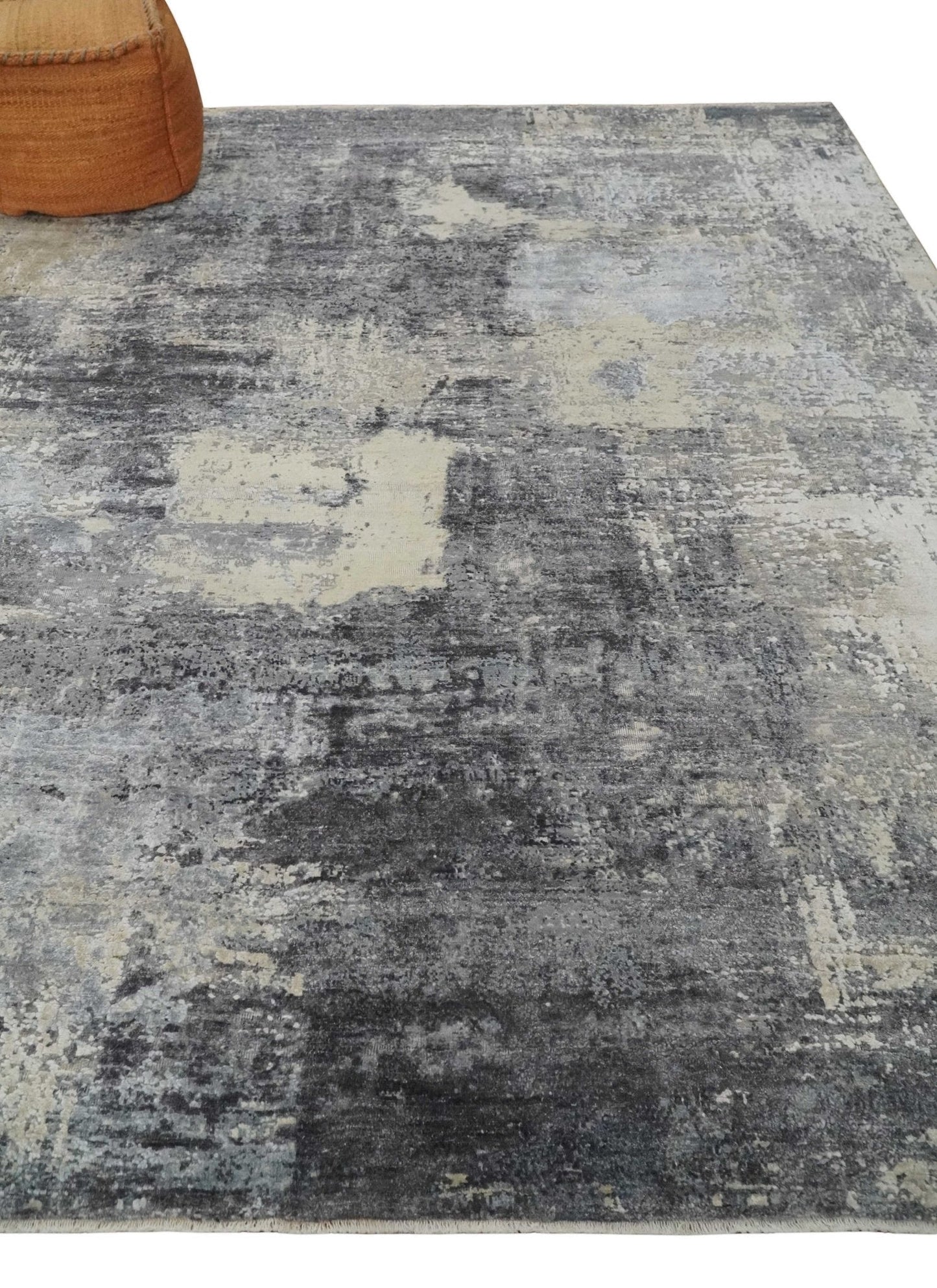 Hand - Knotted Wool & Bamboo Silk Rug 7'10" x 9'8" – Charcoal, Beige & Gray - MyTuftedRugs.com