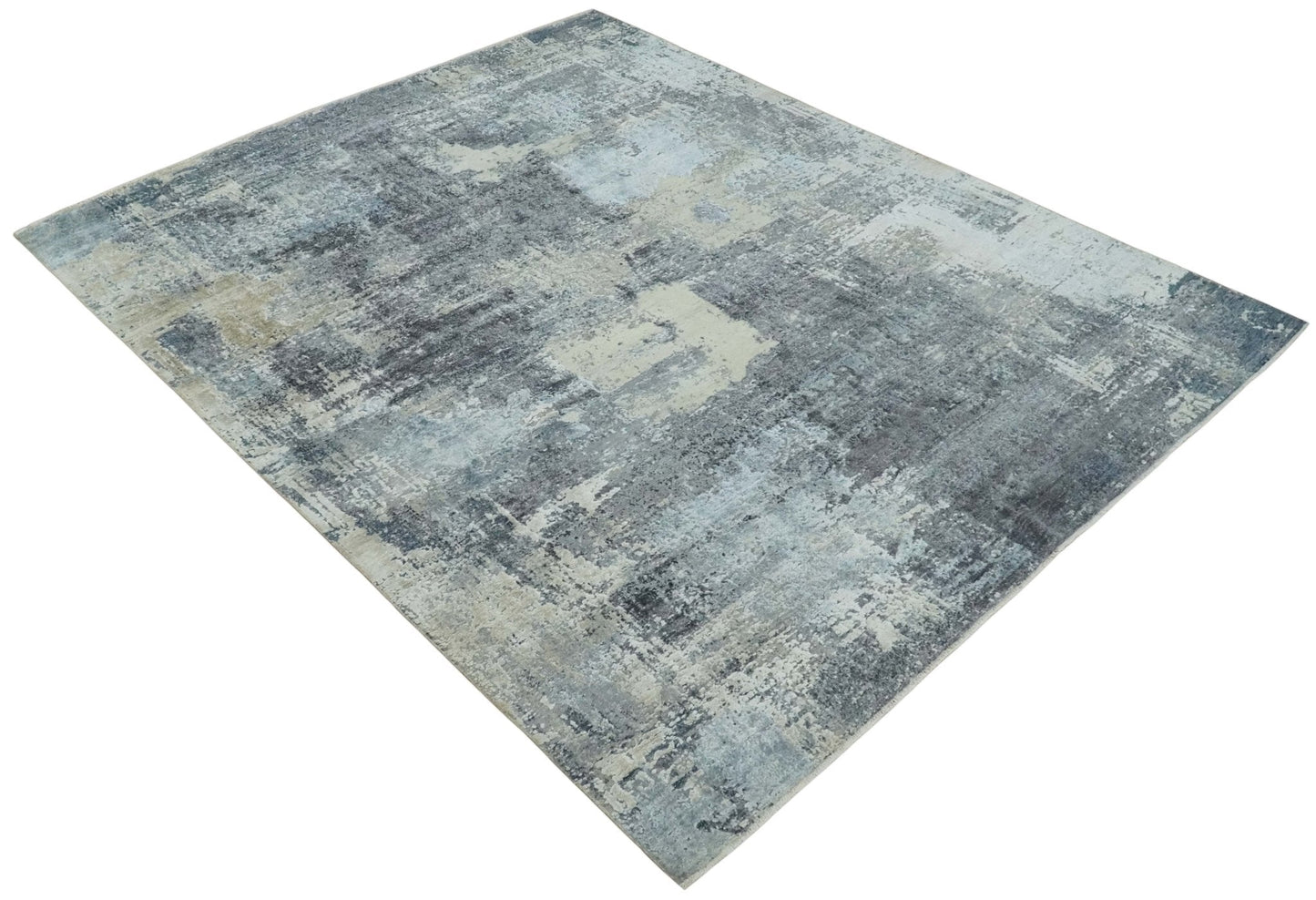 Hand - Knotted Wool & Bamboo Silk Rug 7'10" x 9'8" – Charcoal, Beige & Gray - MyTuftedRugs.com