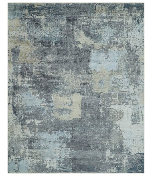 Hand - Knotted Wool & Bamboo Silk Rug 7'10" x 9'8" – Charcoal, Beige & Gray - MyTuftedRugs.com