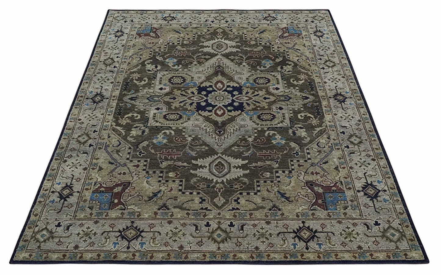 Hand - Knotted Wool Heriz Rug Brown Beige and Blue Traditional Design 8x10 - MyTuftedRugs.com