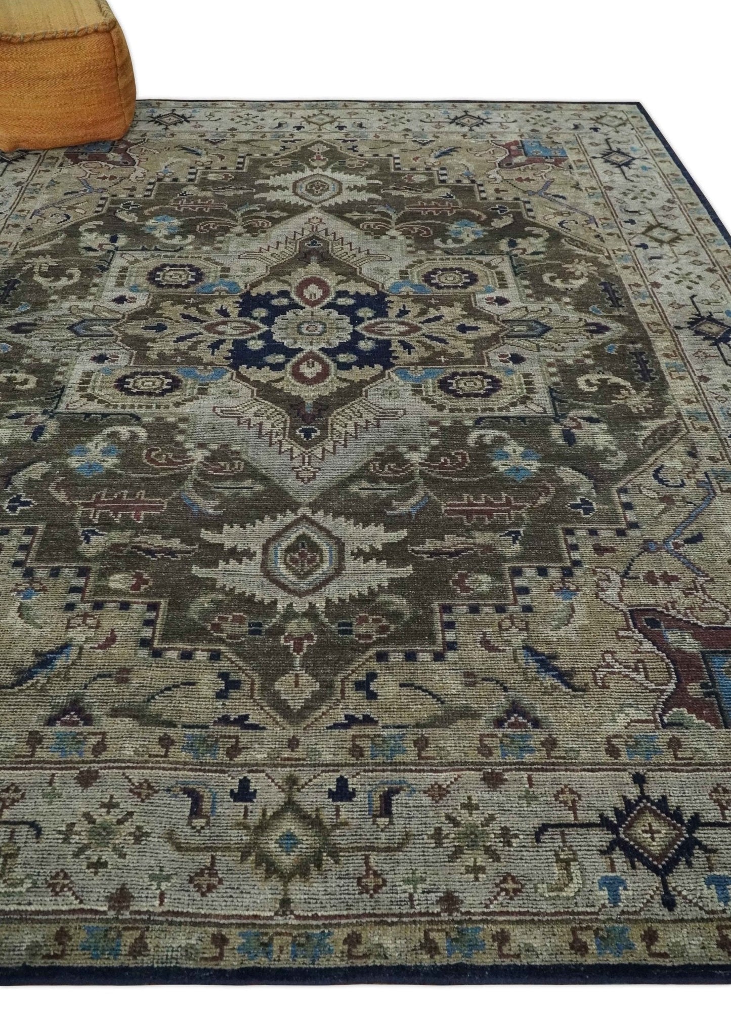 Hand - Knotted Wool Heriz Rug Brown Beige and Blue Traditional Design 8x10 - MyTuftedRugs.com
