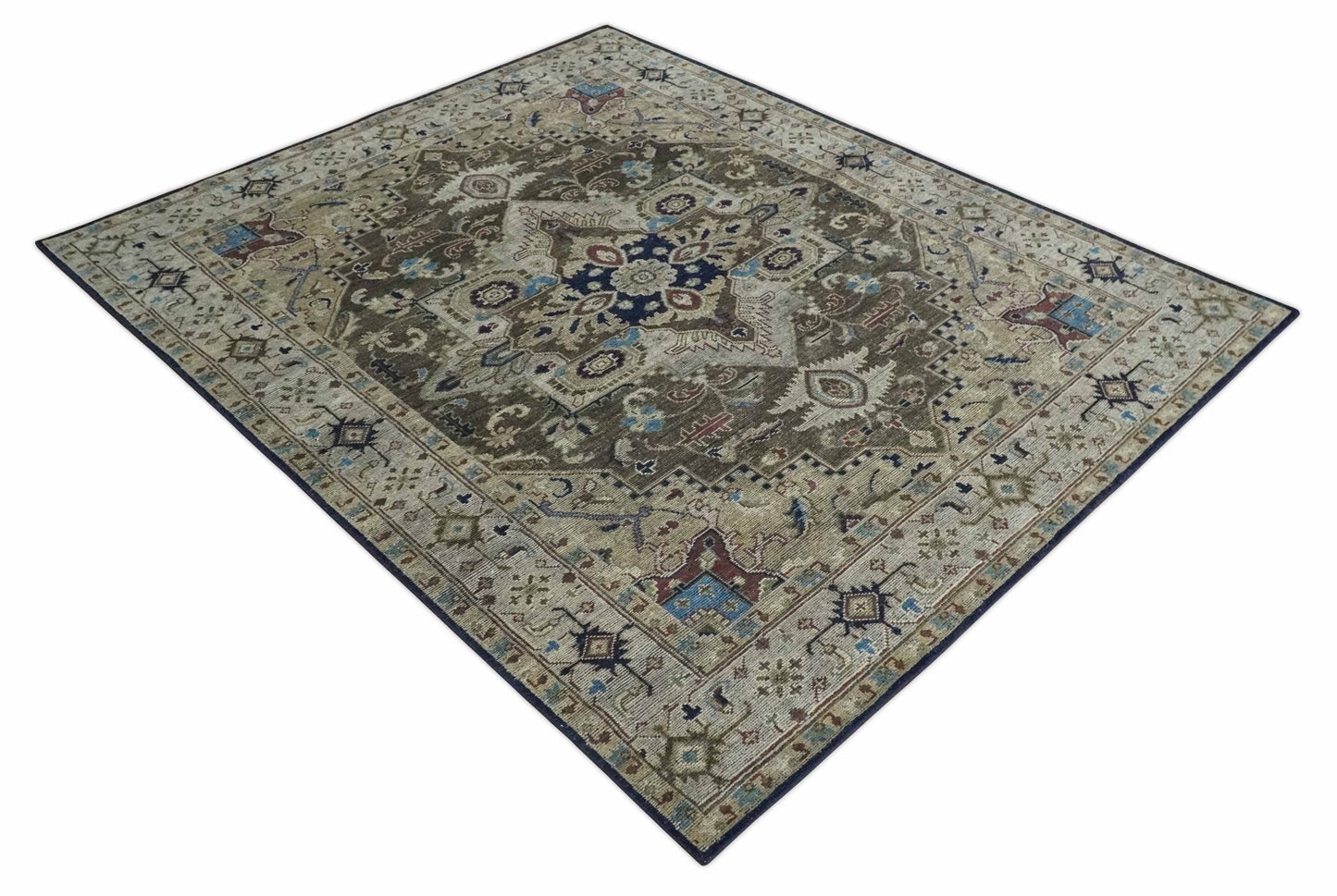 Hand - Knotted Wool Heriz Rug Brown Beige and Blue Traditional Design 8x10 - MyTuftedRugs.com