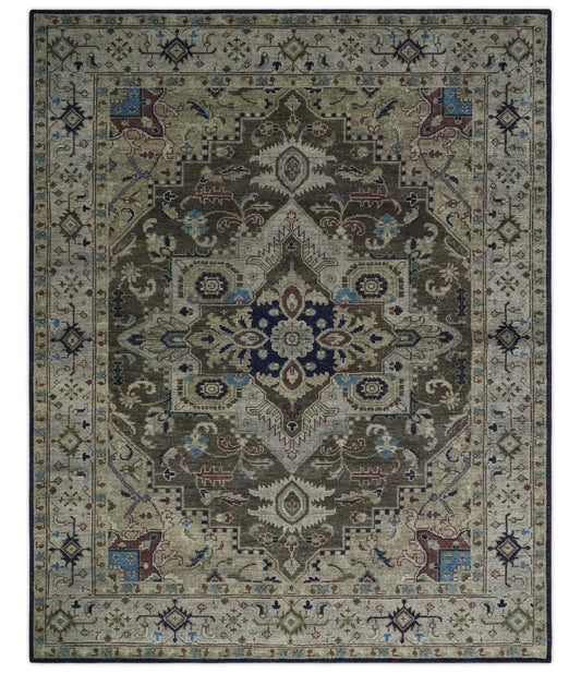 Hand - Knotted Wool Heriz Rug Brown Beige and Blue Traditional Design 8x10 - MyTuftedRugs.com