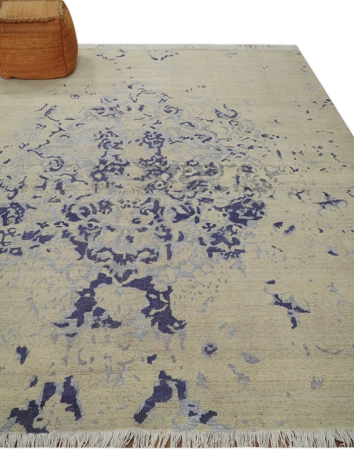 Hand - Knotted Wool Rug Beige Blue and Silver Traditional Design 8x10 - MyTuftedRugs.com