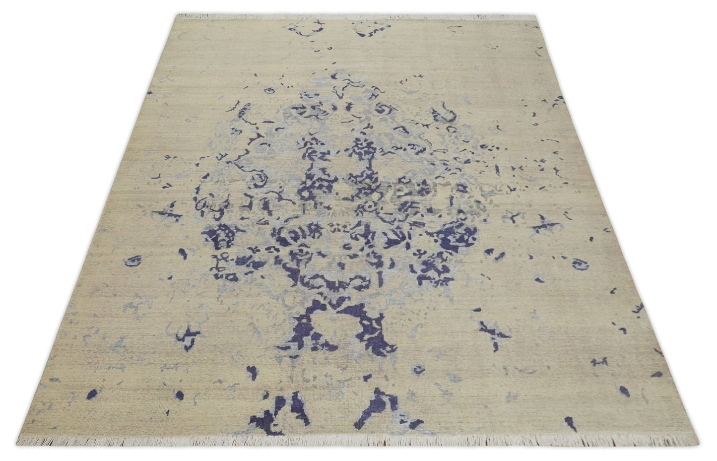 Hand - Knotted Wool Rug Beige Blue and Silver Traditional Design 8x10 - MyTuftedRugs.com