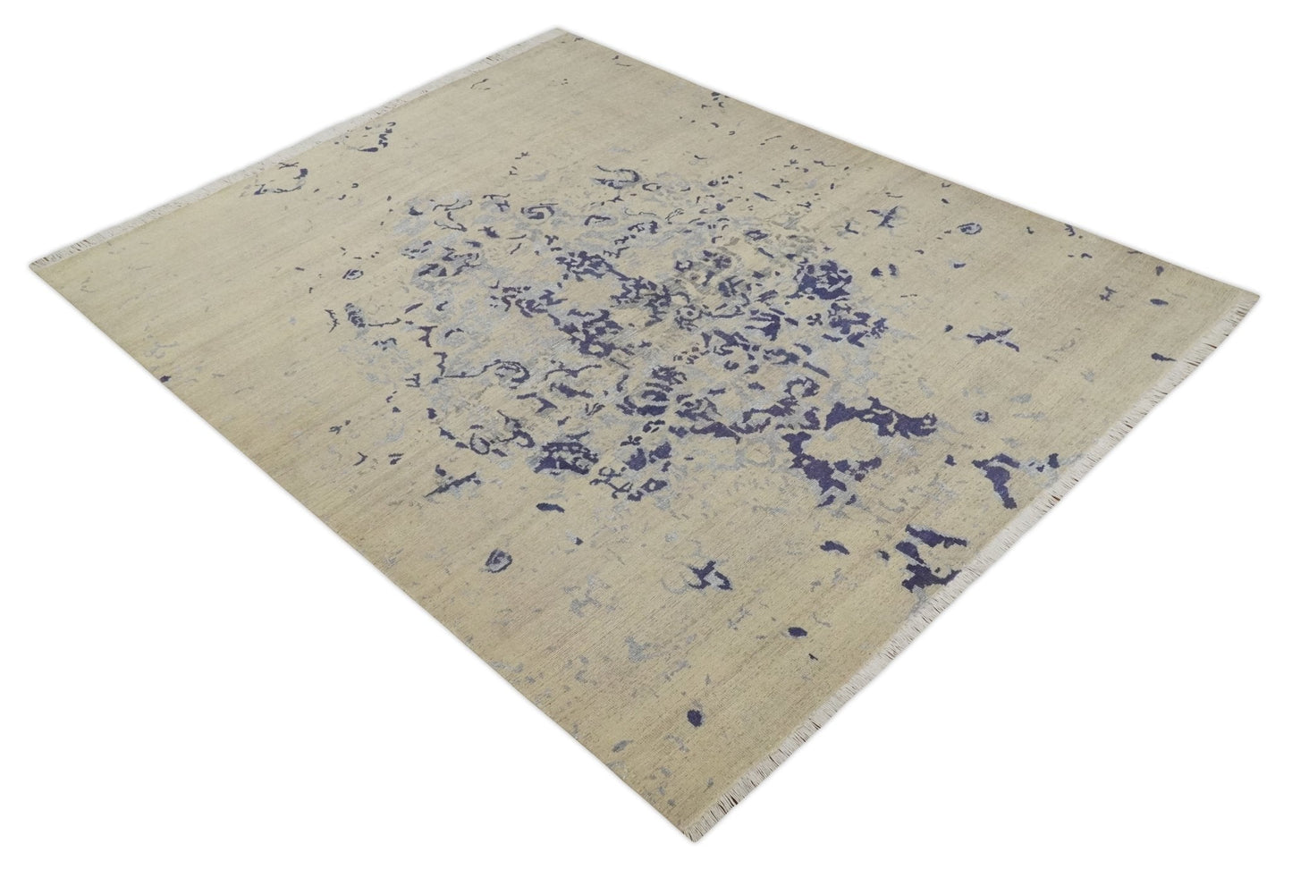 Hand - Knotted Wool Rug Beige Blue and Silver Traditional Design 8x10 - MyTuftedRugs.com