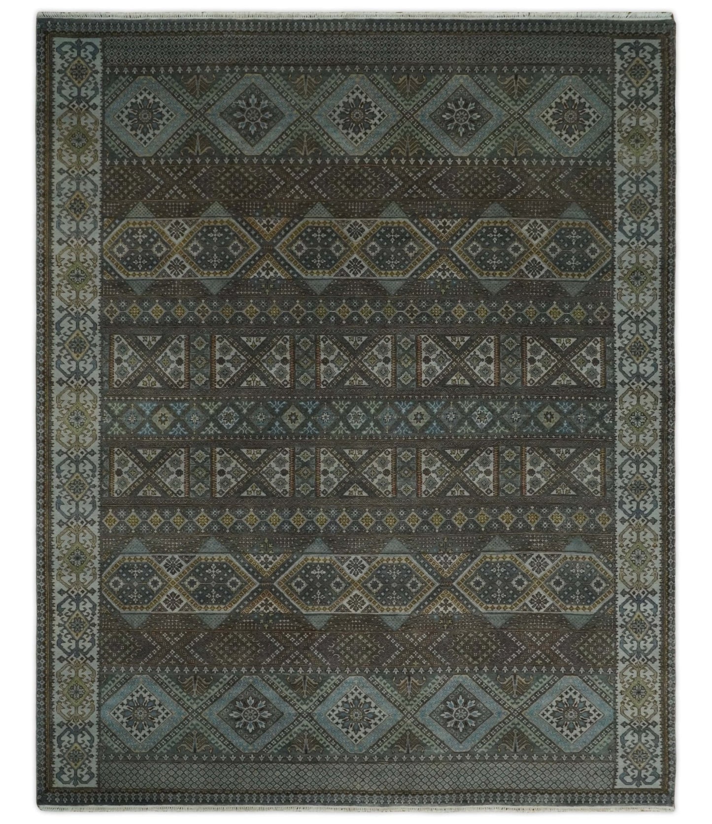 Hand - Knotted Wool Rug Blue and Brown Traditional Design 8x10 - MyTuftedRugs.com