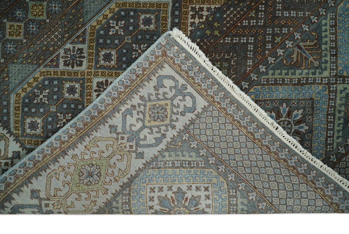Hand - Knotted Wool Rug Blue and Brown Traditional Design 8x10 - MyTuftedRugs.com