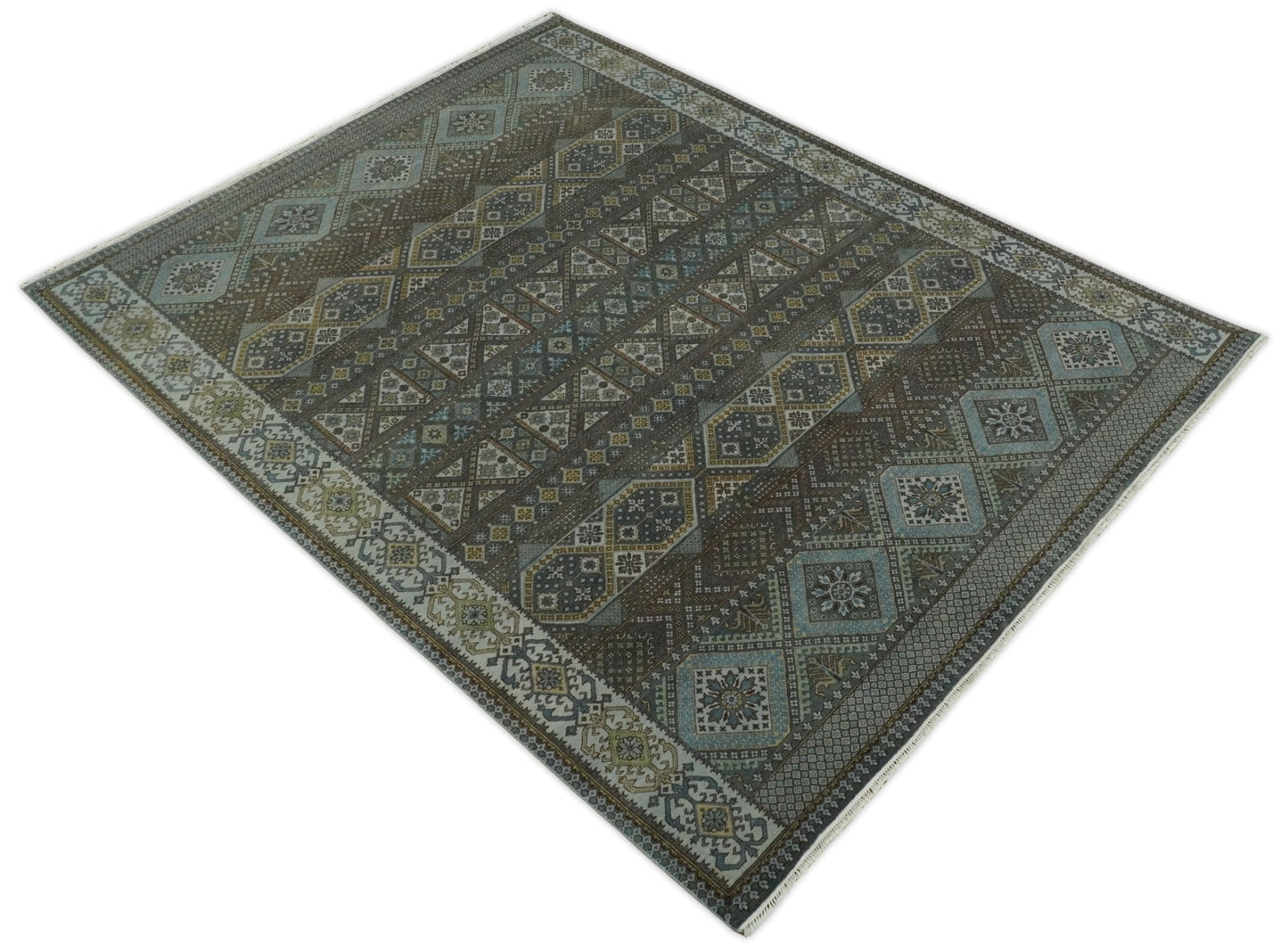 Hand - Knotted Wool Rug Blue and Brown Traditional Design 8x10 - MyTuftedRugs.com