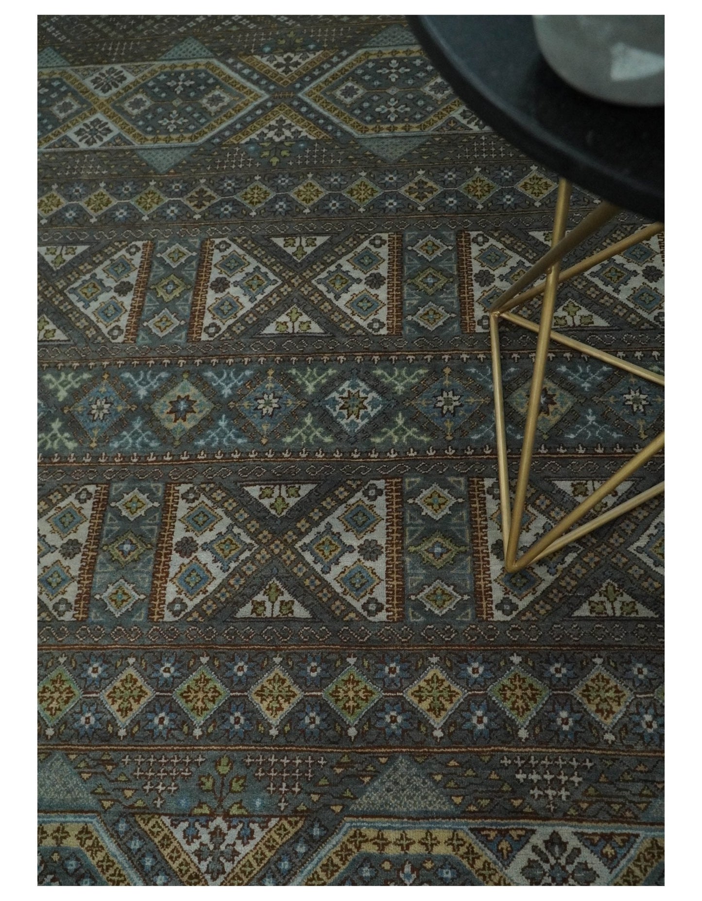 Hand - Knotted Wool Rug Blue and Brown Traditional Design 8x10 - MyTuftedRugs.com