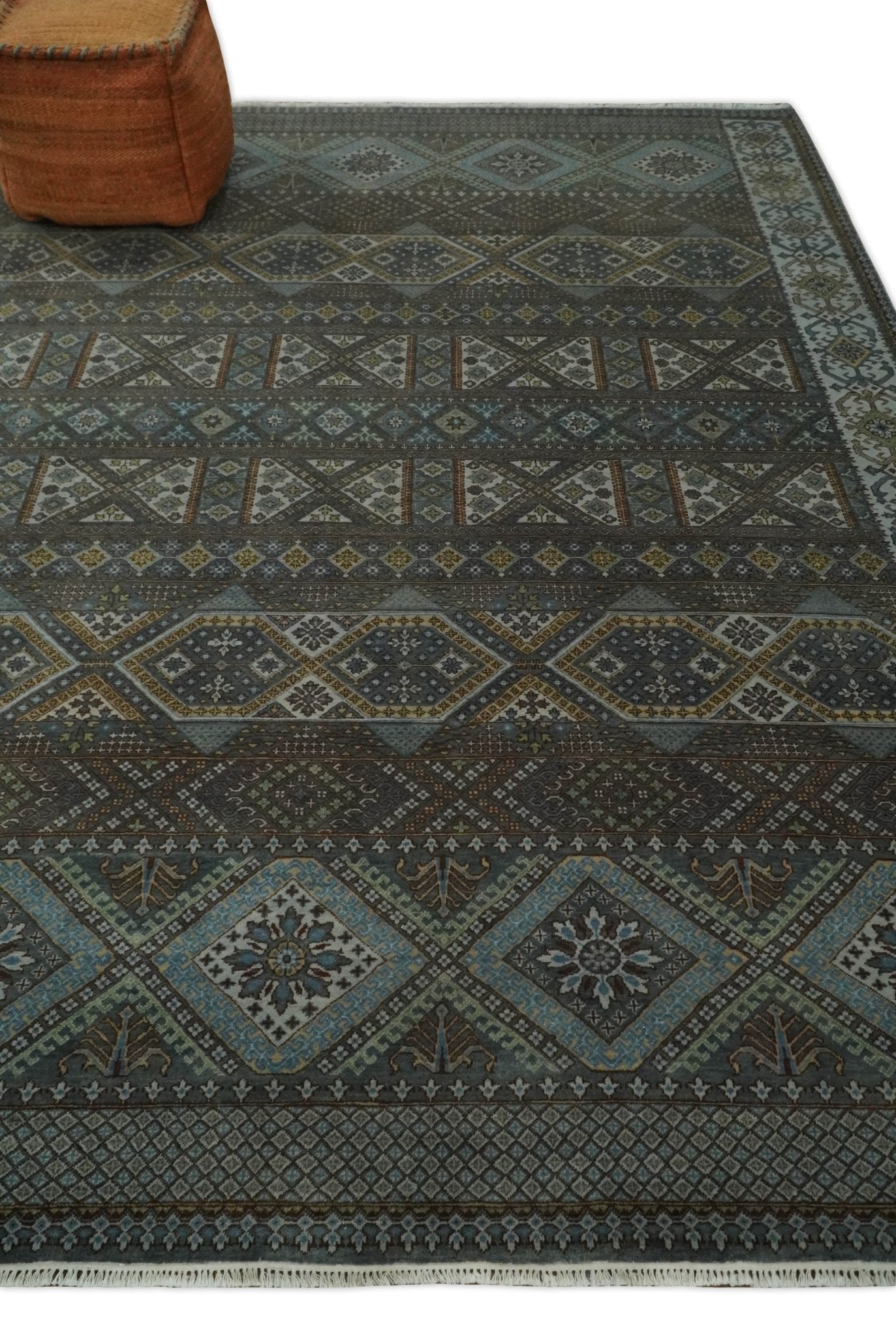 Hand - Knotted Wool Rug Blue and Brown Traditional Design 8x10 - MyTuftedRugs.com