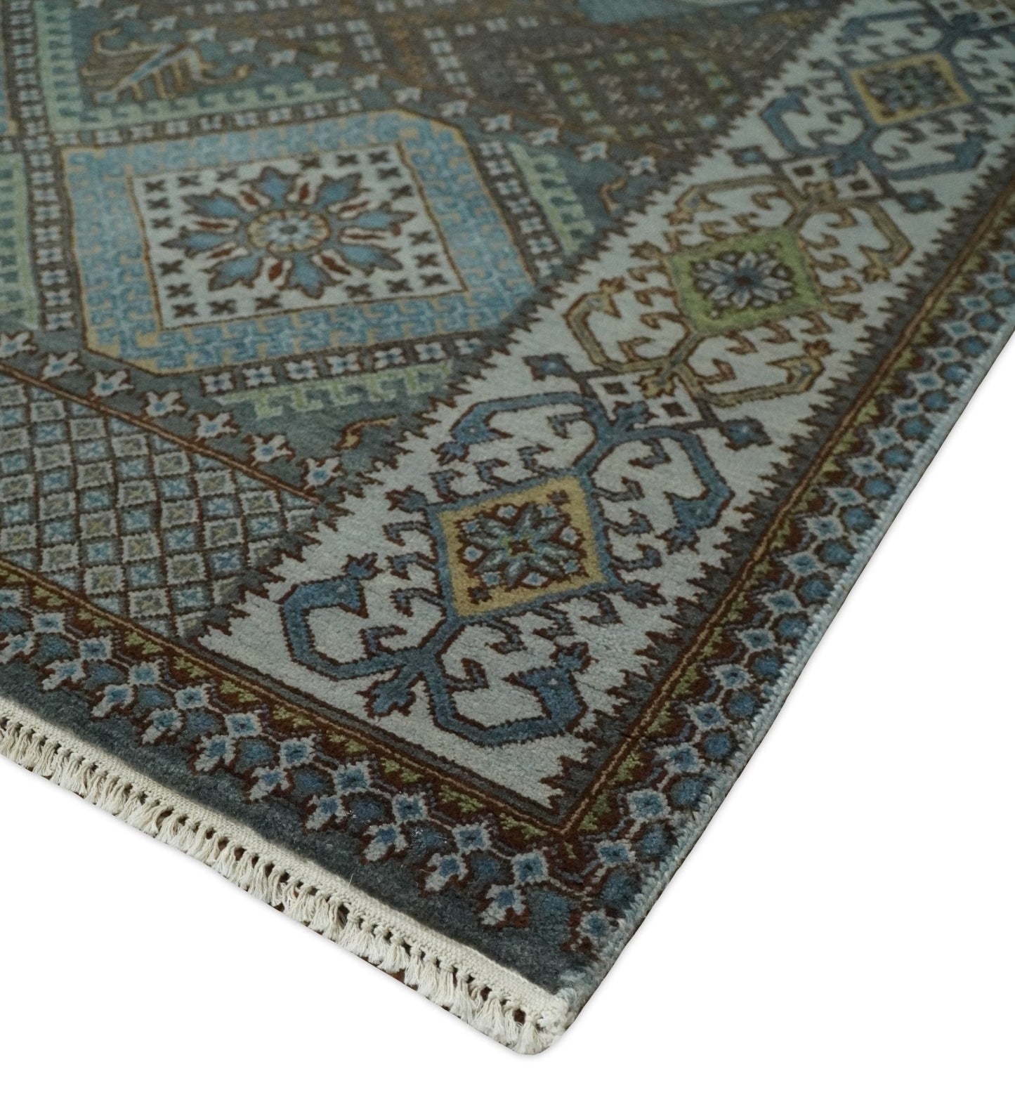Hand - Knotted Wool Rug Blue and Brown Traditional Design 8x10 - MyTuftedRugs.com