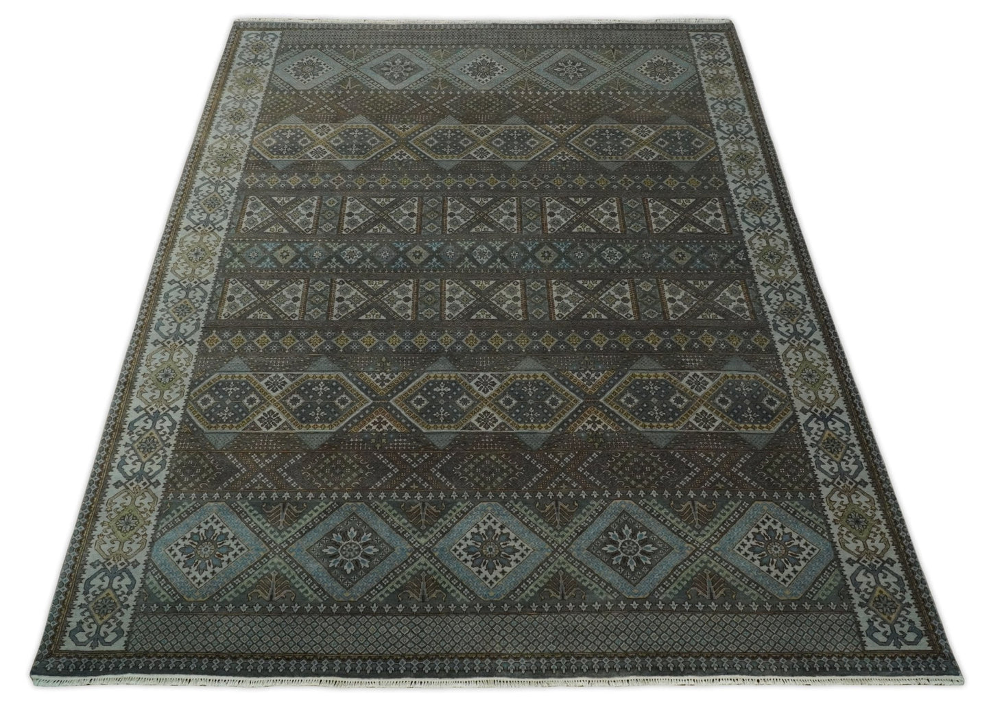 Hand - Knotted Wool Rug Blue and Brown Traditional Design 8x10 - MyTuftedRugs.com