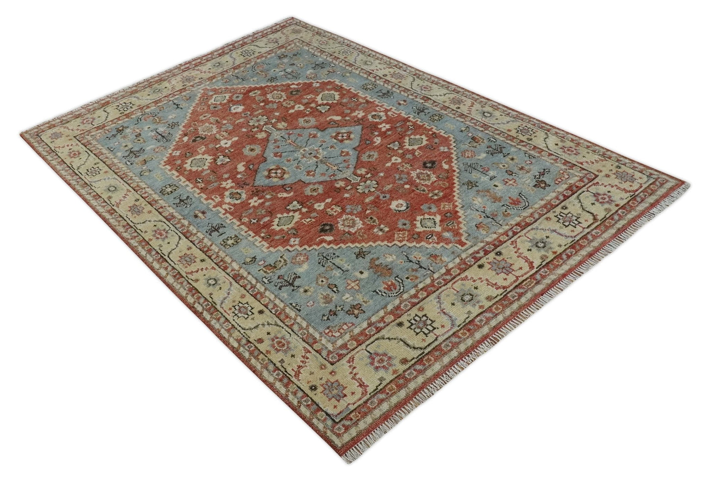Hand - Knotted Wool Rug – Gray, Rust & Beige Traditional Medallion (8x10) - MyTuftedRugs.com