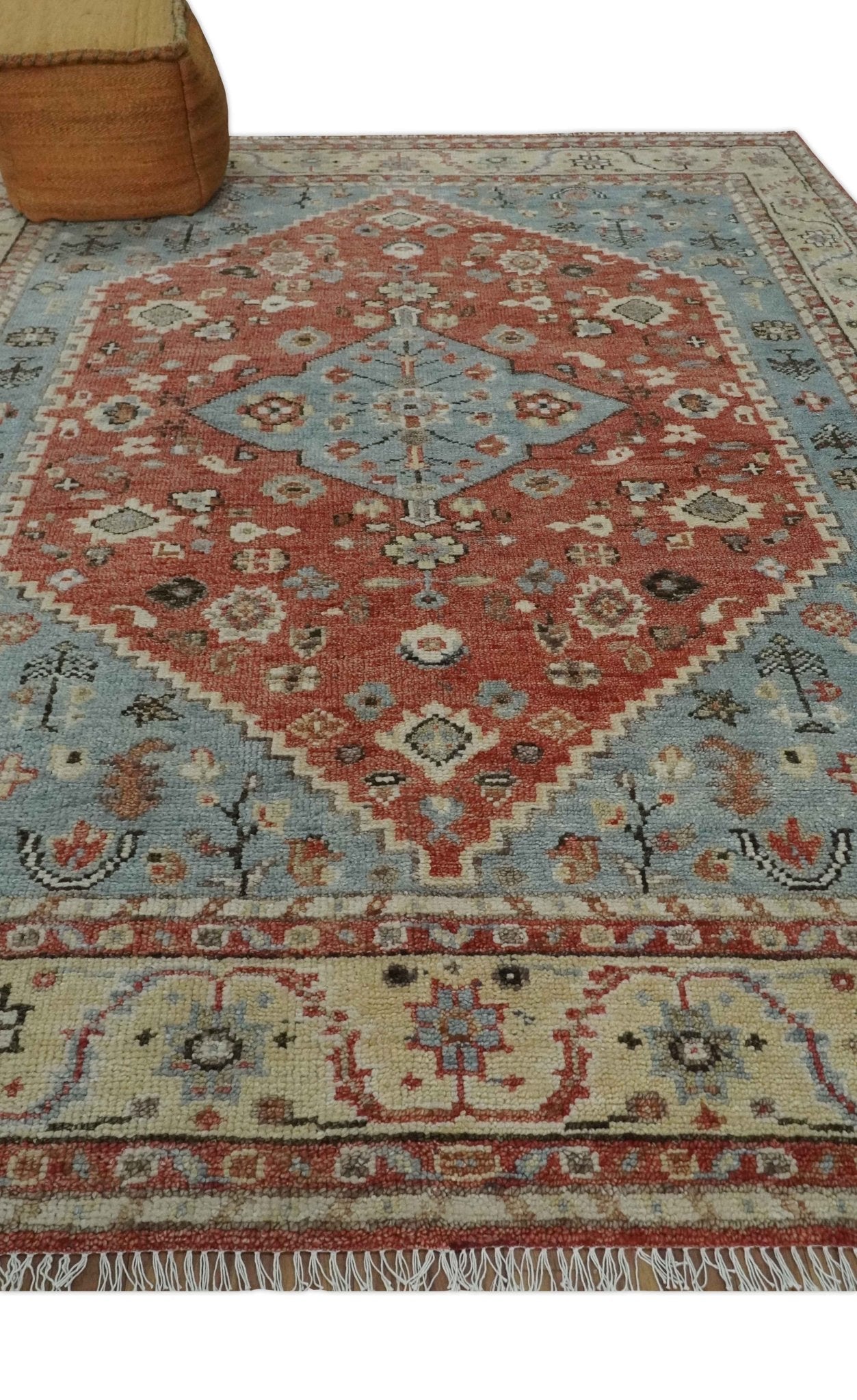 Hand - Knotted Wool Rug – Gray, Rust & Beige Traditional Medallion (8x10) - MyTuftedRugs.com