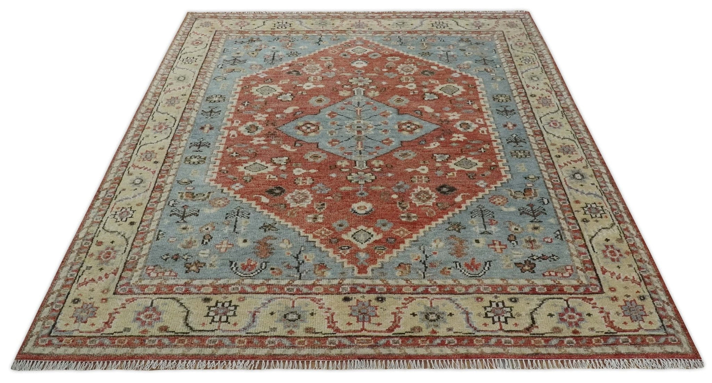 Hand - Knotted Wool Rug – Gray, Rust & Beige Traditional Medallion (8x10) - MyTuftedRugs.com