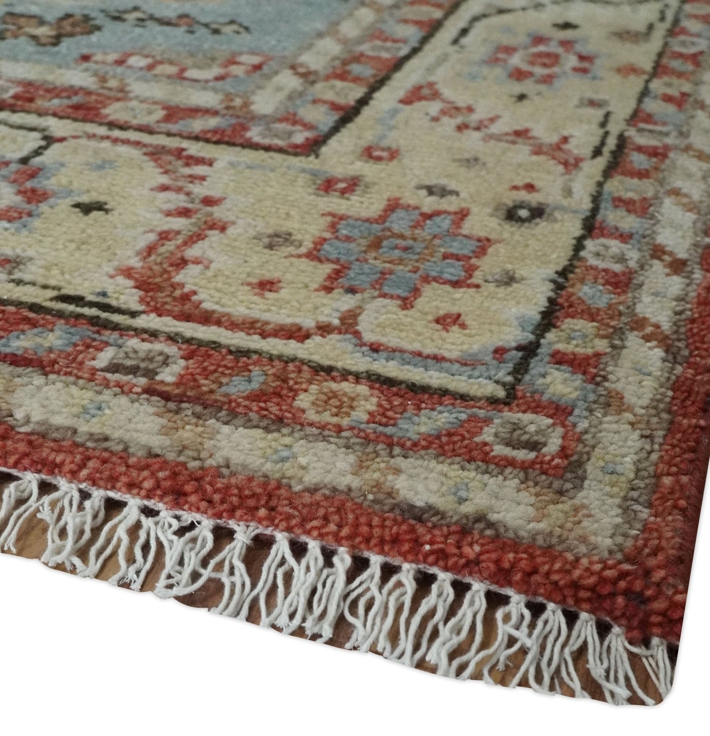 Hand - Knotted Wool Rug – Gray, Rust & Beige Traditional Medallion (8x10) - MyTuftedRugs.com