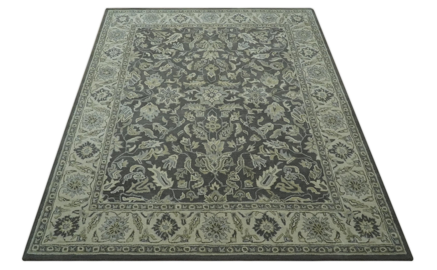 Hand - Tufted 8x10 Antique Design Rug | Charcoal & Beige Wool - MyTuftedRugs.com