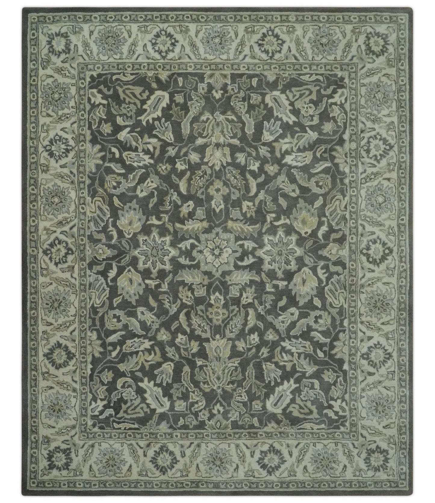 Hand - Tufted 8x10 Antique Design Rug | Charcoal & Beige Wool - MyTuftedRugs.com