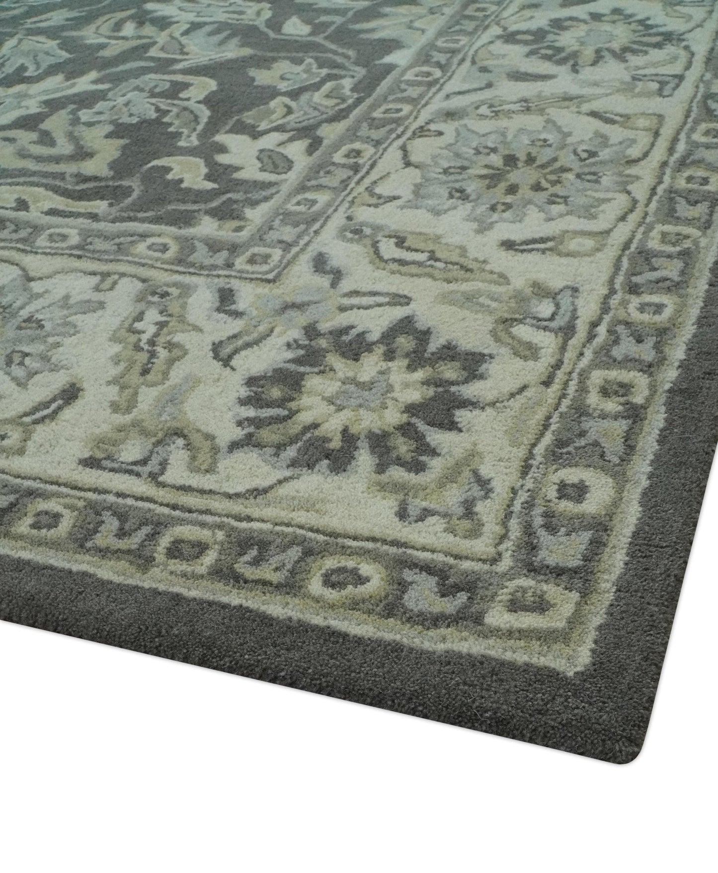 Hand - Tufted 8x10 Antique Design Rug | Charcoal & Beige Wool - MyTuftedRugs.com