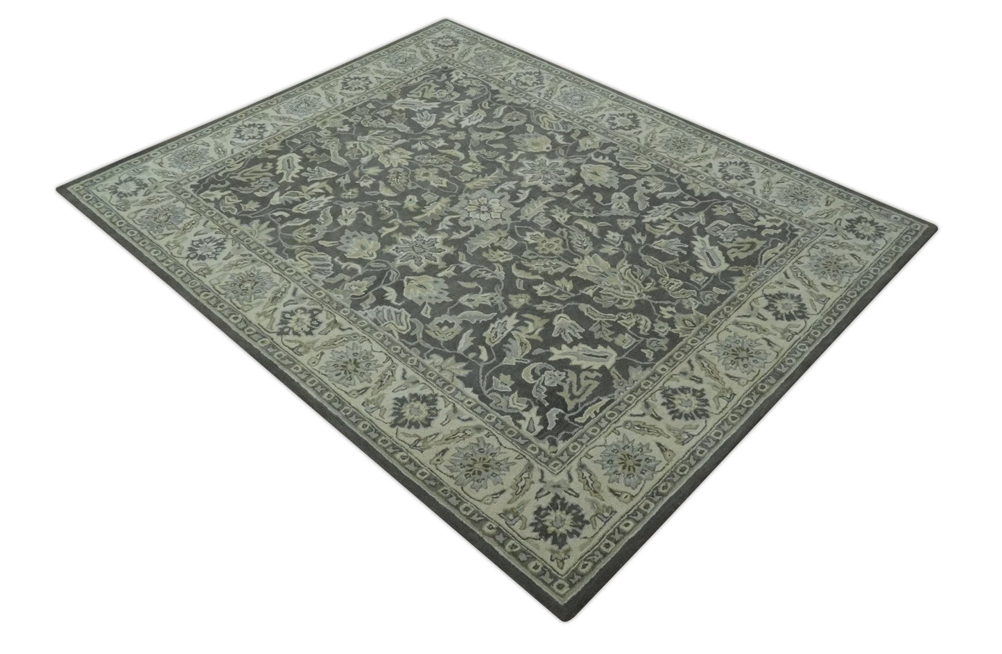 Hand - Tufted 8x10 Antique Design Rug | Charcoal & Beige Wool - MyTuftedRugs.com
