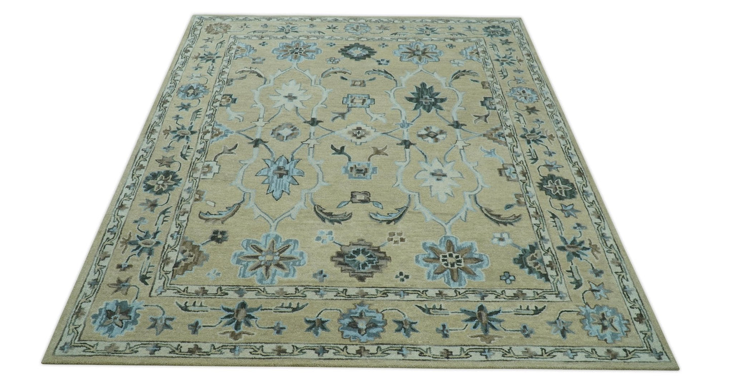 Hand - Tufted 8x10 Oriental Oushak Rug | Beige, Ivory & Blue Wool - MyTuftedRugs.com
