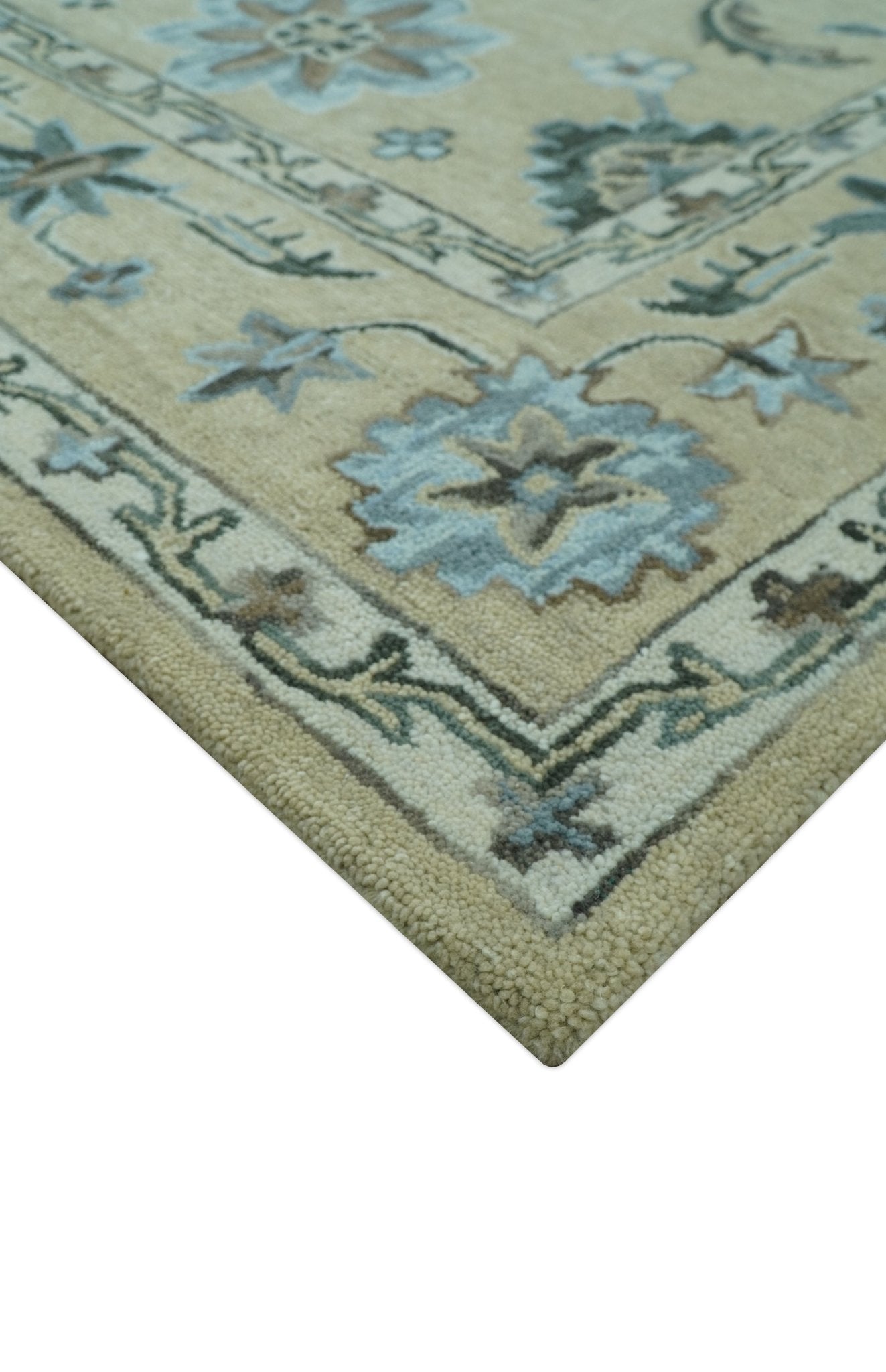Hand - Tufted 8x10 Oriental Oushak Rug | Beige, Ivory & Blue Wool - MyTuftedRugs.com