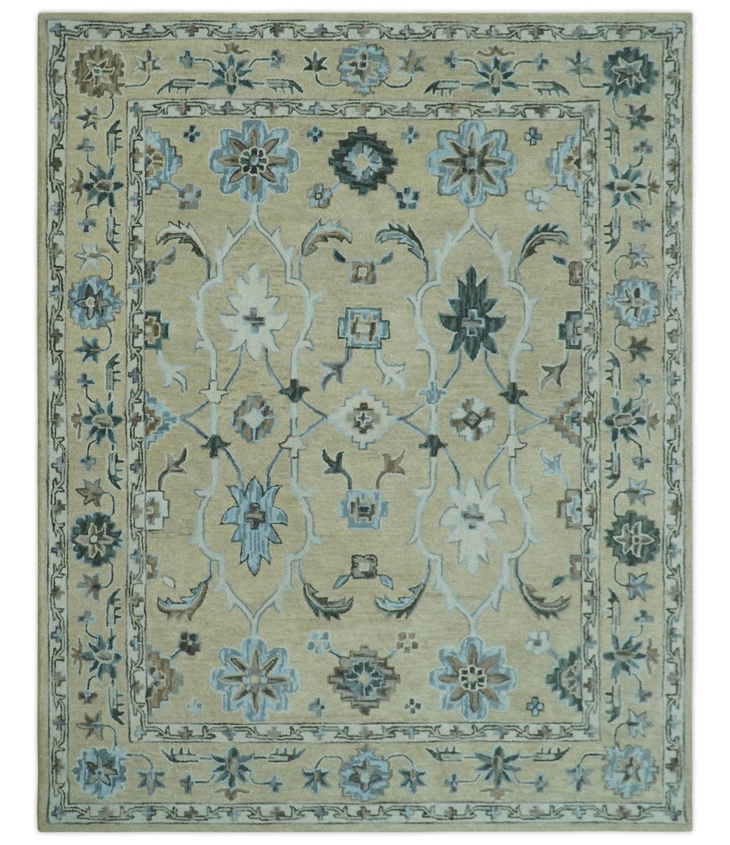 Hand - Tufted 8x10 Oriental Oushak Rug | Beige, Ivory & Blue Wool - MyTuftedRugs.com