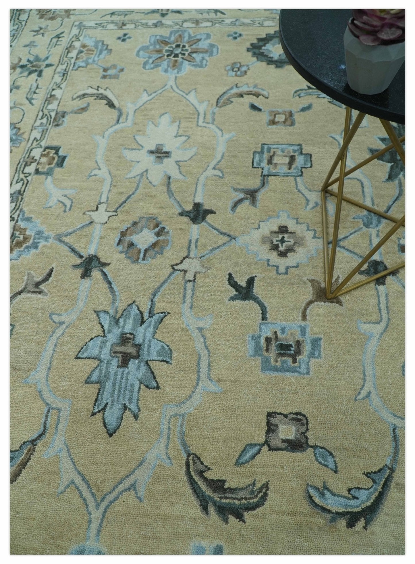 Hand - Tufted 8x10 Oriental Oushak Rug | Beige, Ivory & Blue Wool - MyTuftedRugs.com