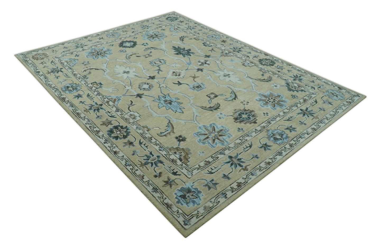 Hand - Tufted 8x10 Oriental Oushak Rug | Beige, Ivory & Blue Wool - MyTuftedRugs.com