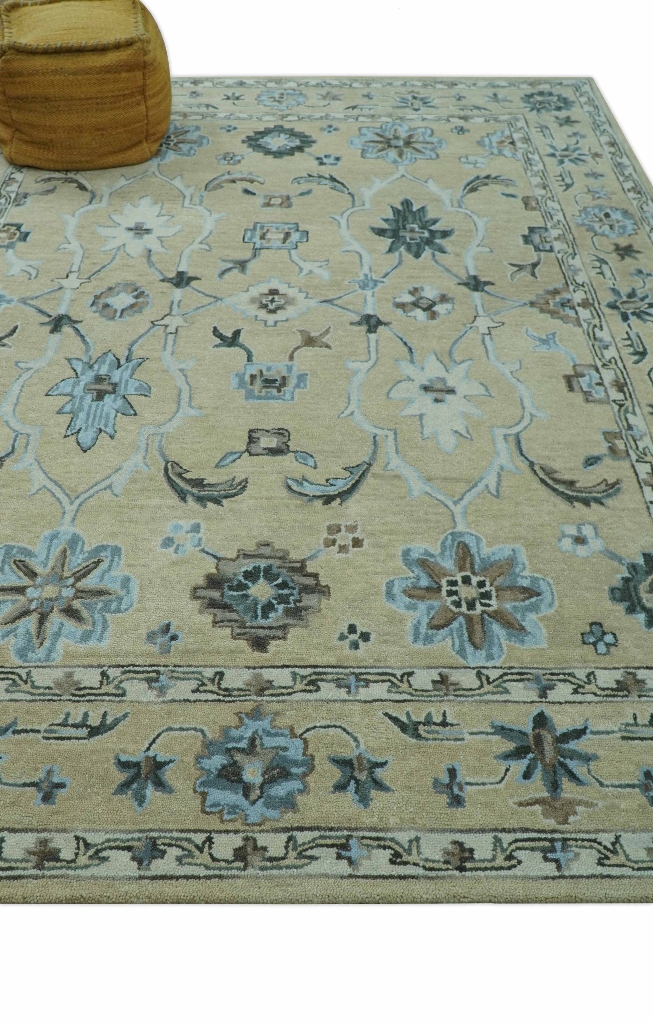 Hand - Tufted 8x10 Oriental Oushak Rug | Beige, Ivory & Blue Wool - MyTuftedRugs.com