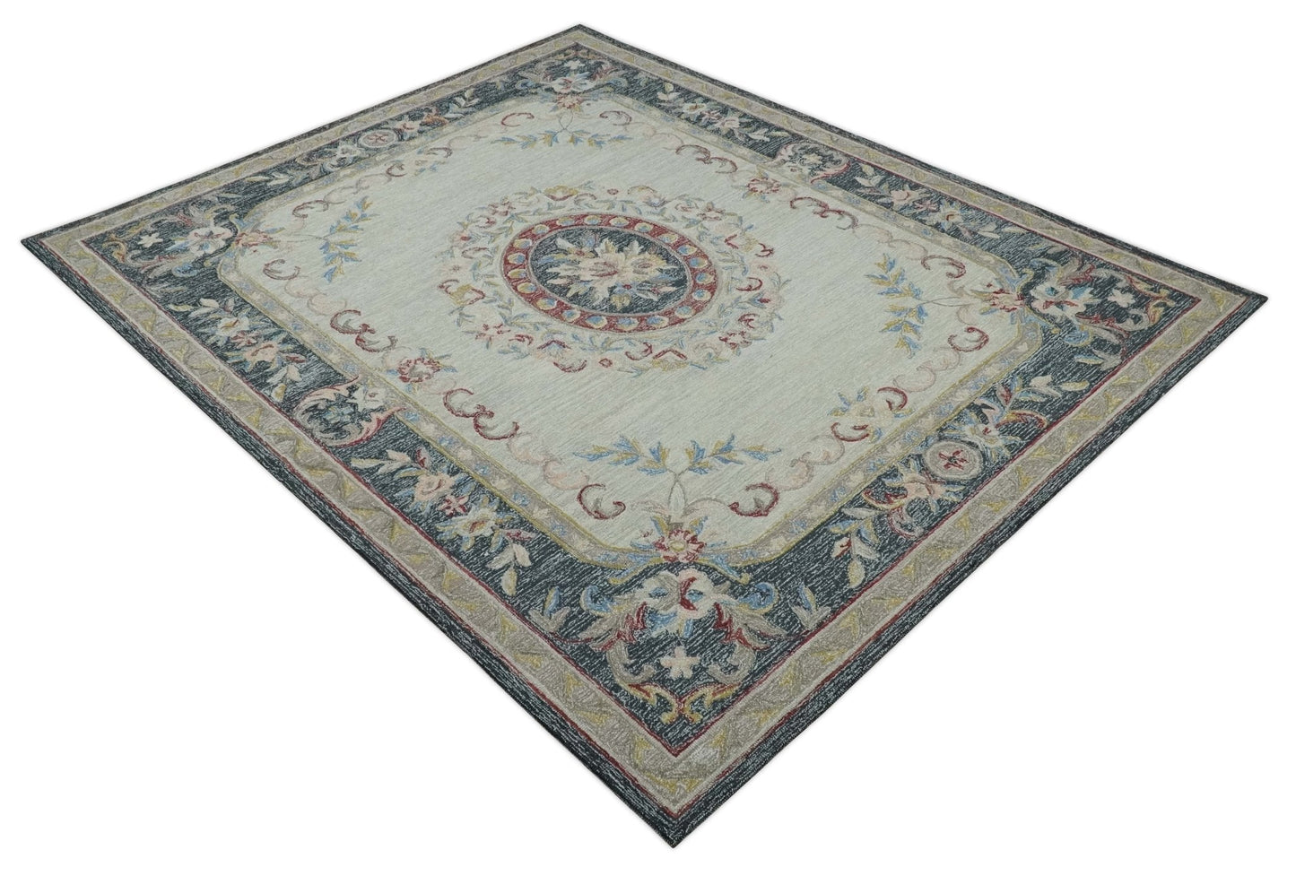 Hand - Tufted Wool Rug 8x10 – Silver & Charcoal Aubusson Design - MyTuftedRugs.com
