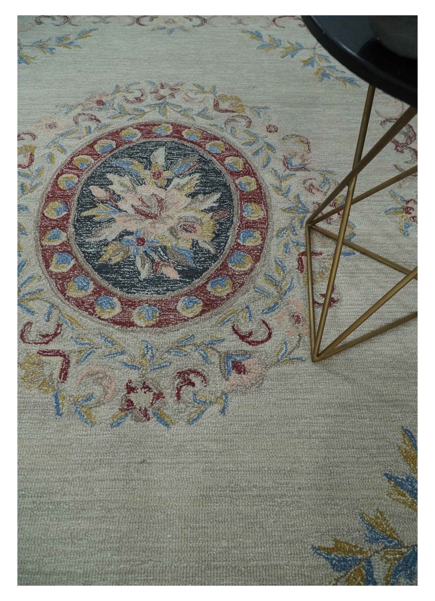 Hand - Tufted Wool Rug 8x10 – Silver & Charcoal Aubusson Design - MyTuftedRugs.com