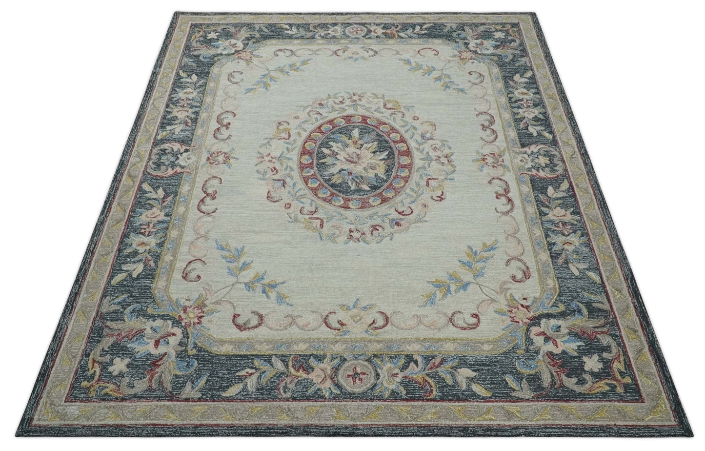 Hand - Tufted Wool Rug 8x10 – Silver & Charcoal Aubusson Design - MyTuftedRugs.com