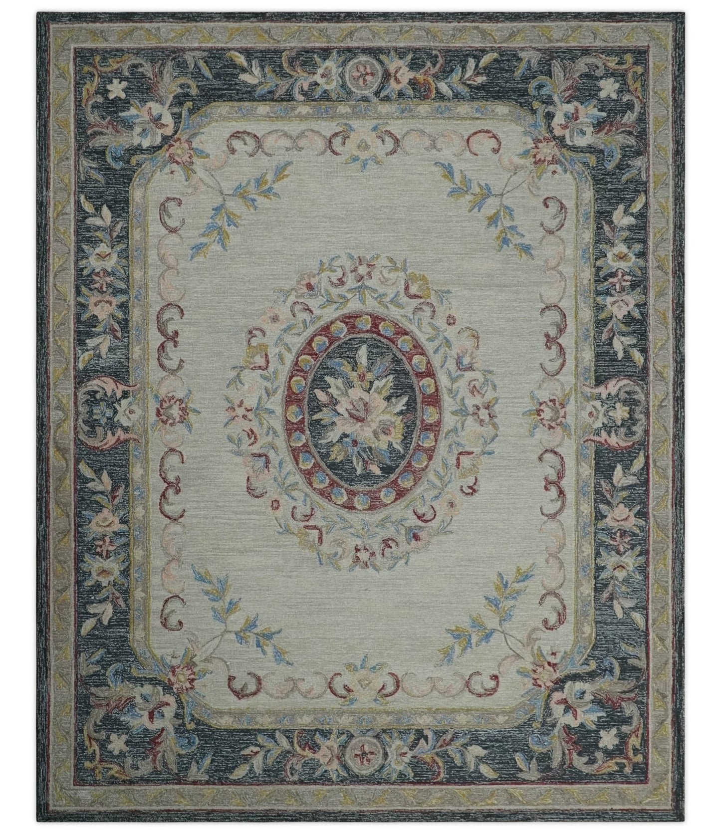 Hand - Tufted Wool Rug 8x10 – Silver & Charcoal Aubusson Design - MyTuftedRugs.com