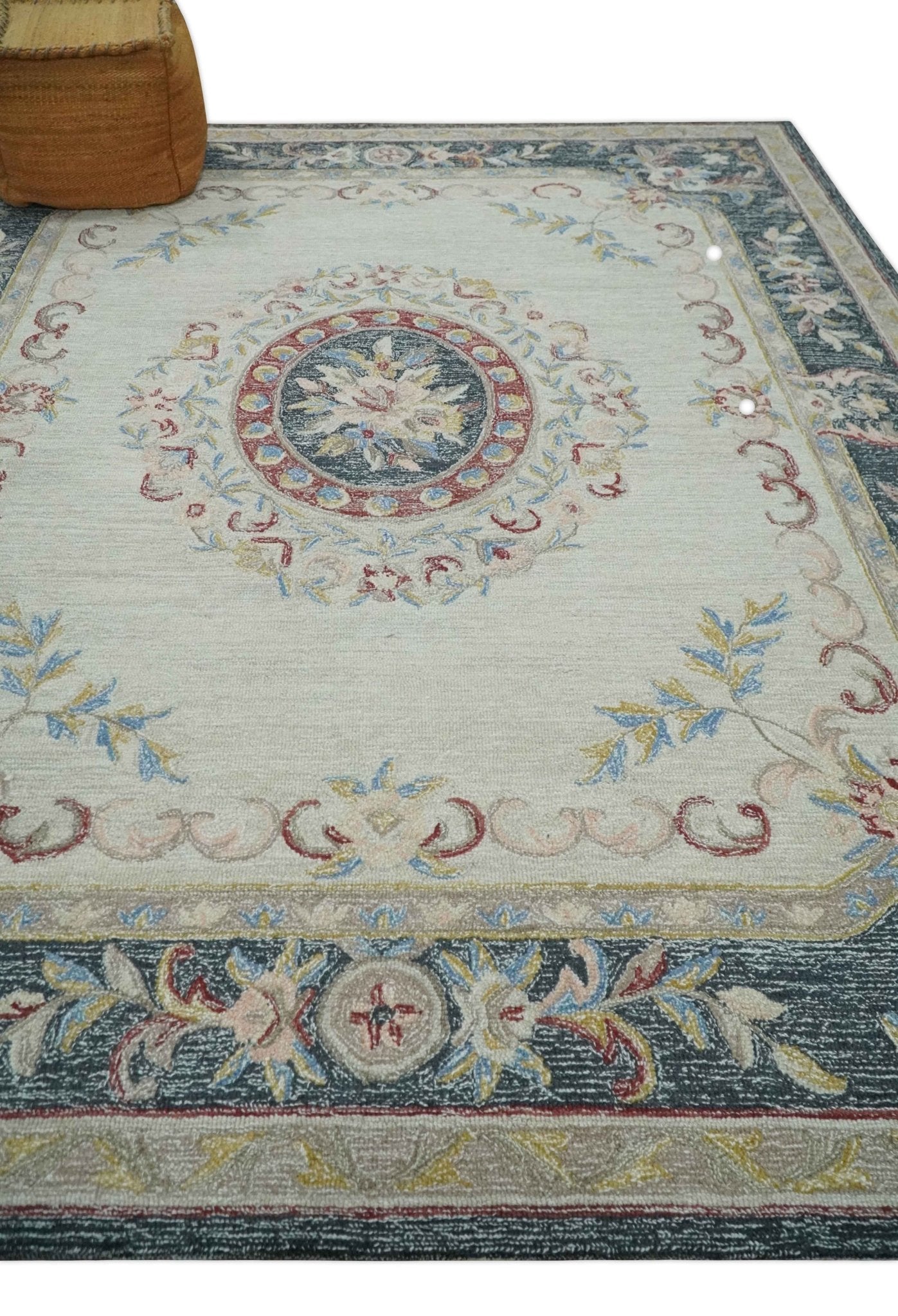 Hand - Tufted Wool Rug 8x10 – Silver & Charcoal Aubusson Design - MyTuftedRugs.com
