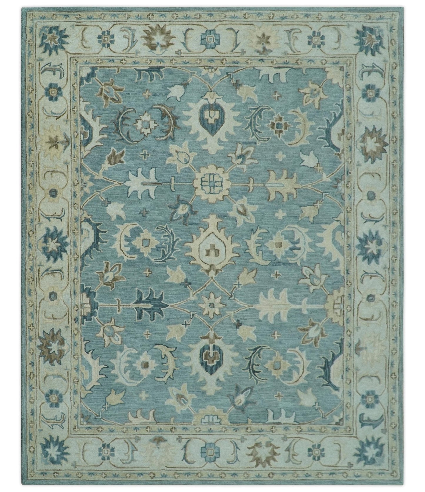 Hand - Tufted Wool Rug – Blue, Ivory & Beige Oushak (8x10) - MyTuftedRugs.com