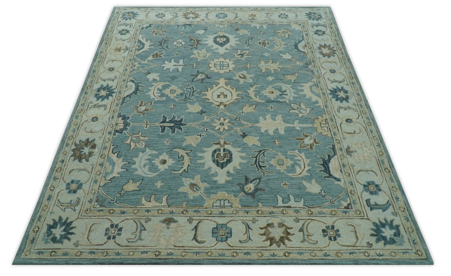 Hand - Tufted Wool Rug – Blue, Ivory & Beige Oushak (8x10) - MyTuftedRugs.com