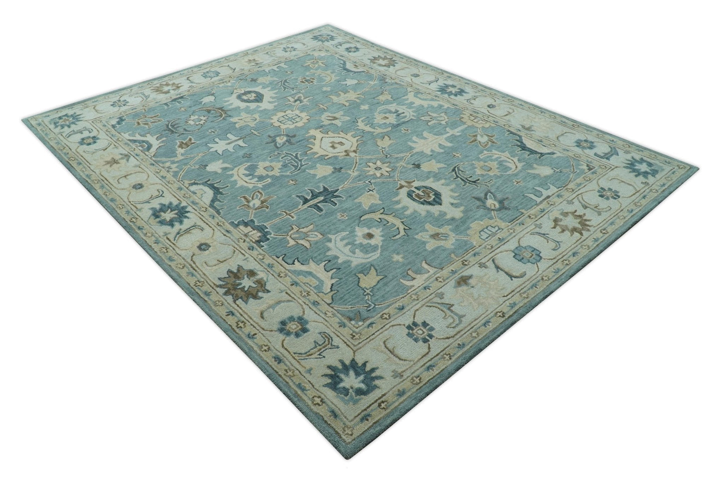 Hand - Tufted Wool Rug – Blue, Ivory & Beige Oushak (8x10) - MyTuftedRugs.com