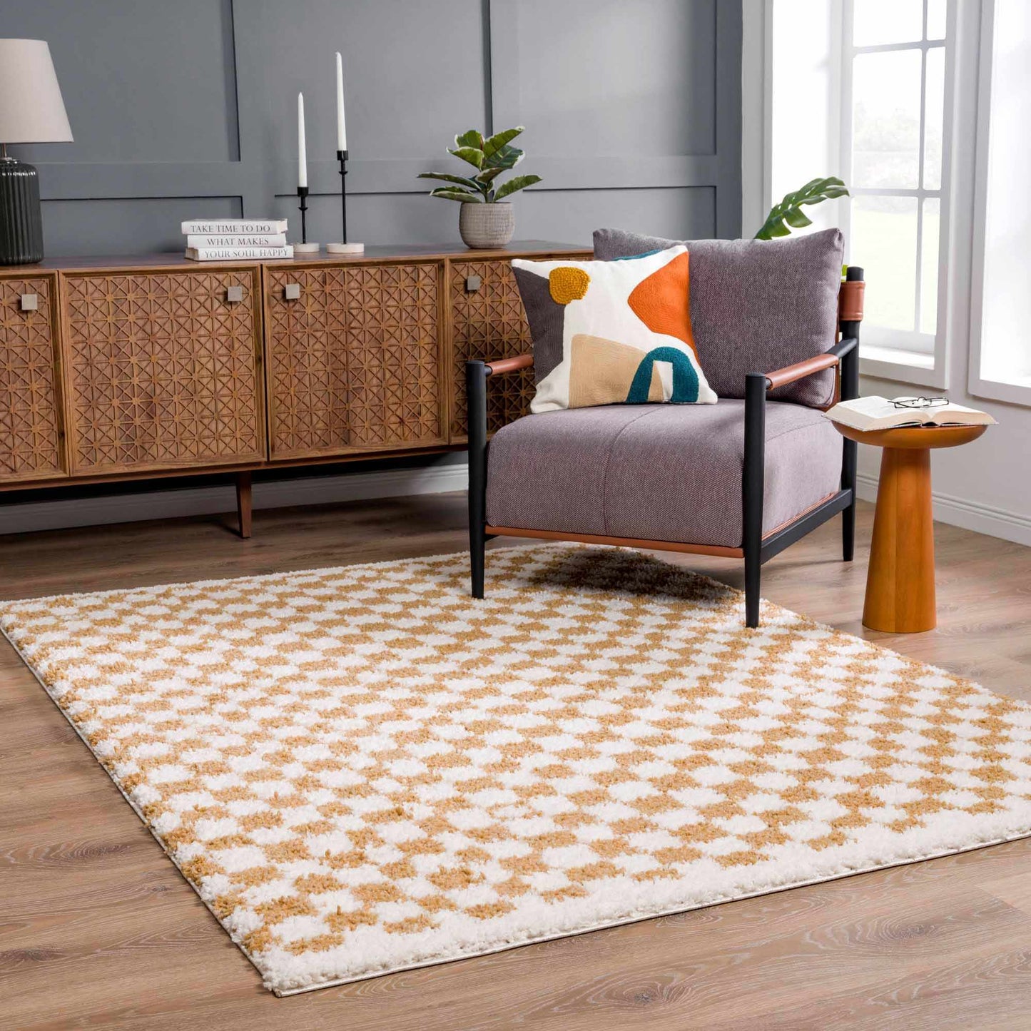 Kieu Mustard & Ivory Checkered Area Rug - MyTuftedRugs.com