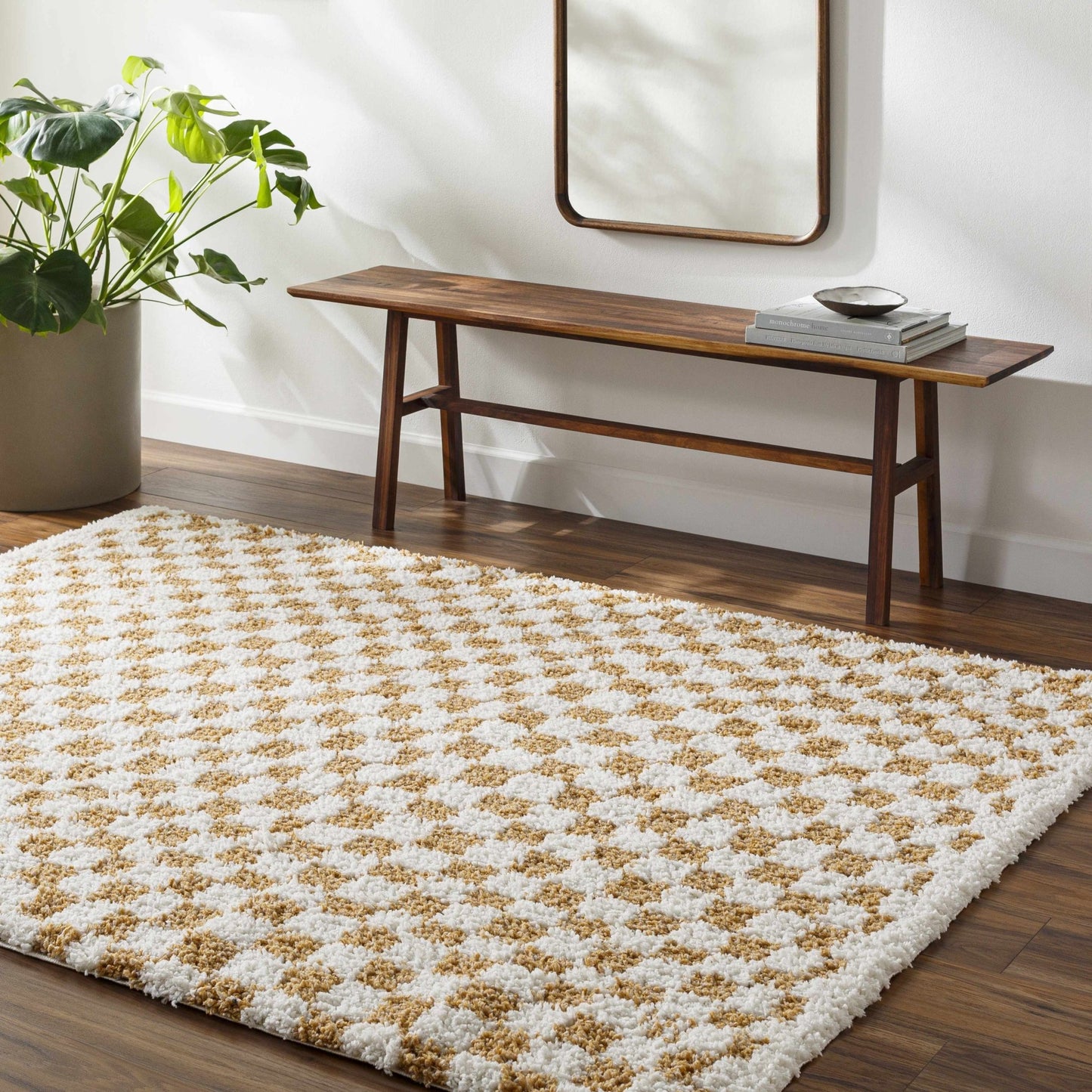Kieu Mustard & Ivory Checkered Area Rug - MyTuftedRugs.com