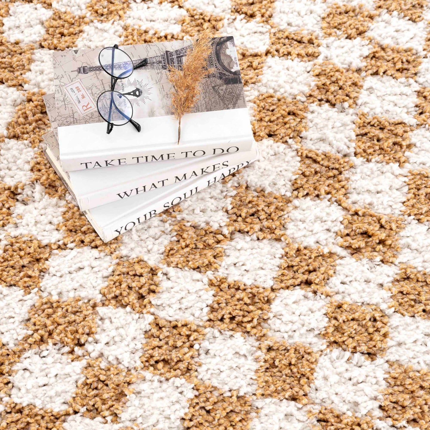 Kieu Mustard & Ivory Checkered Area Rug - MyTuftedRugs.com