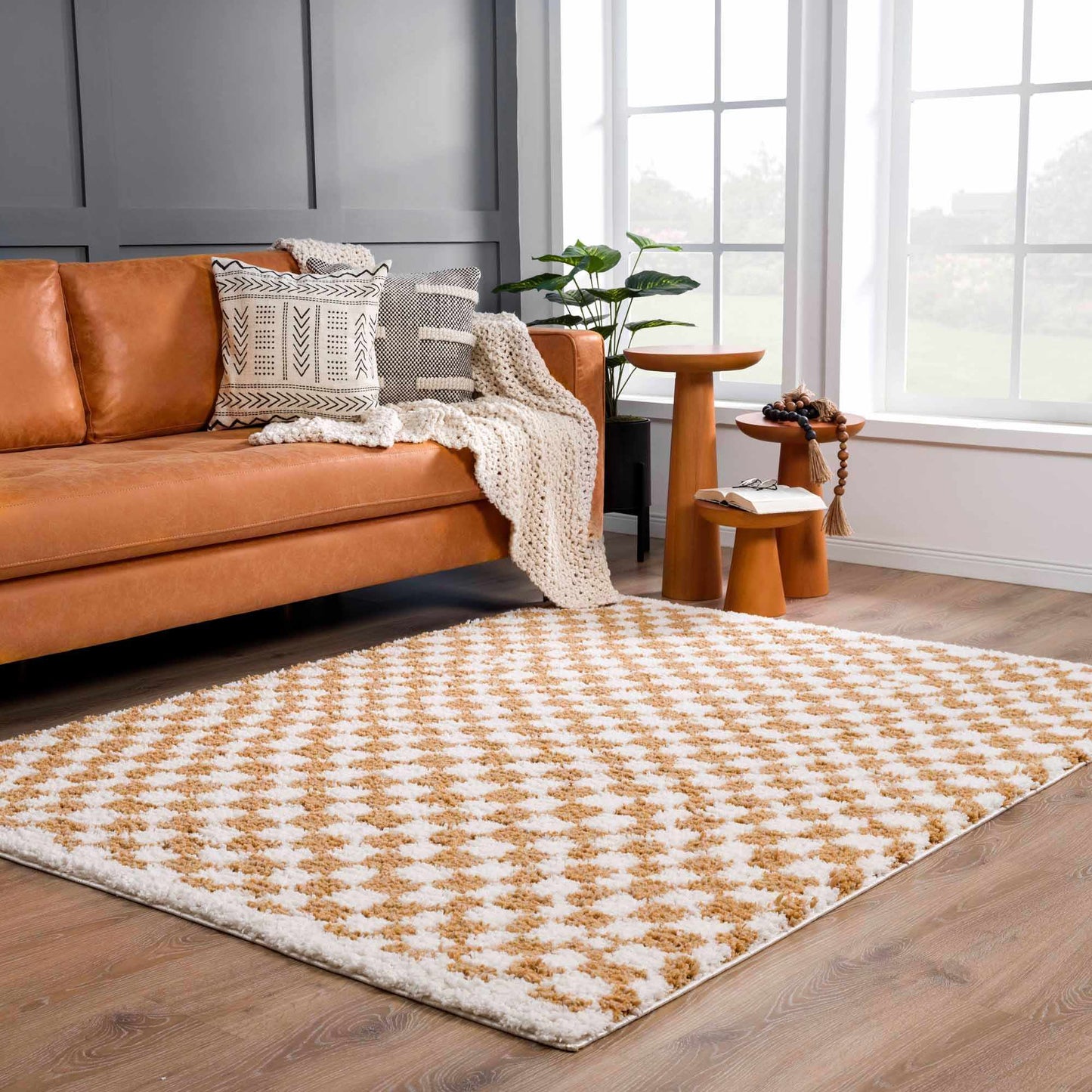 Kieu Mustard & Ivory Checkered Area Rug - MyTuftedRugs.com