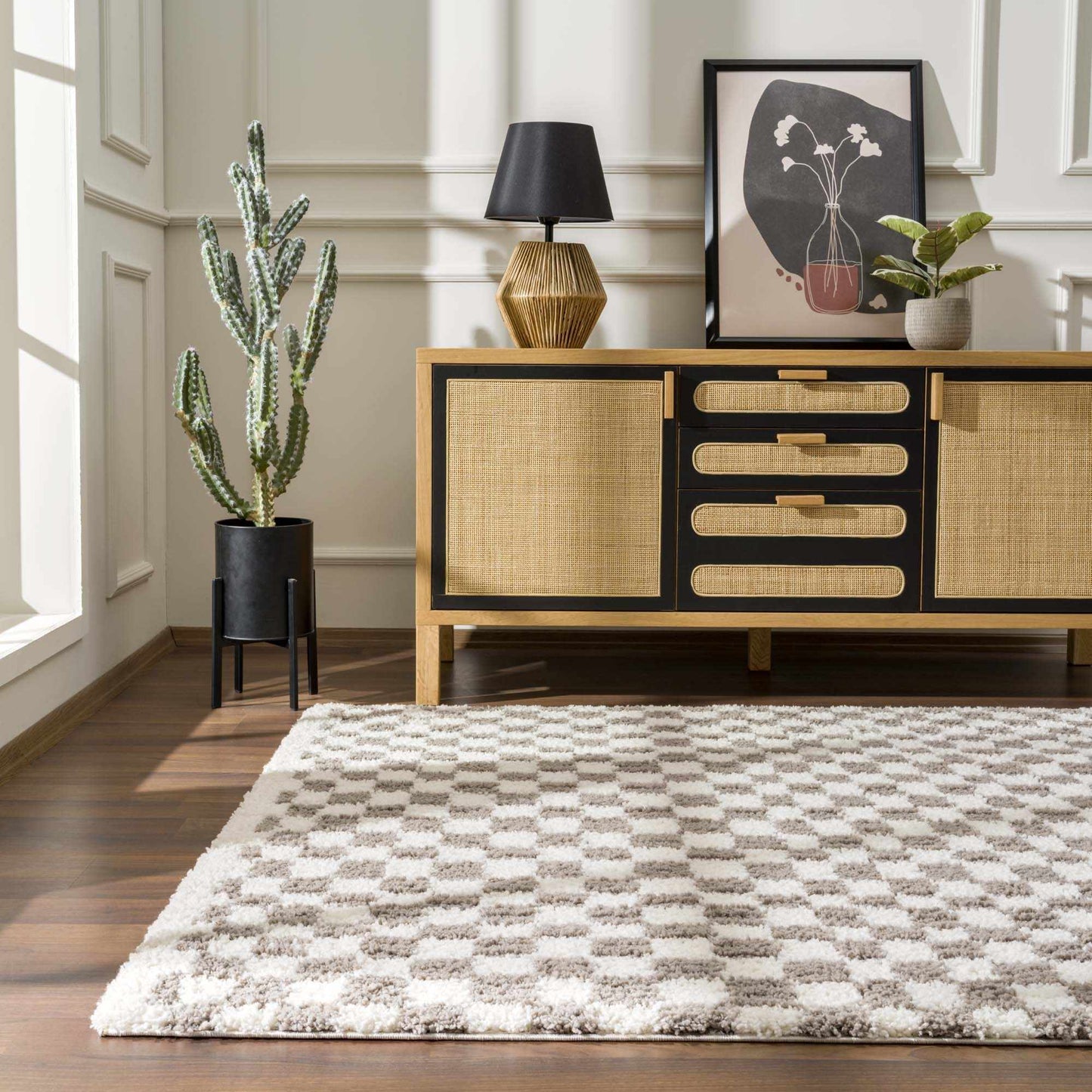 Kieu Taupe Checkered Plush Rug - MyTuftedRugs.com