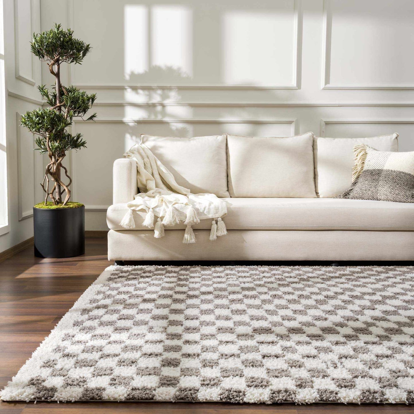 Kieu Taupe Checkered Plush Rug - MyTuftedRugs.com